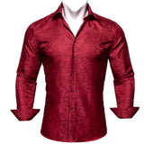 Silk Shirts Men's Red Burgundy Paisley Flower Long Sleeve Slim Fit Blouse Casual Lapel Clothes Tops Streetwear Barry Wang MartLion 0409 S 