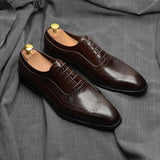 Men's Oxford Dress Shoes Genuine Leather Wholly Dark Brown Wingtip Brogue Lace-up Wedding Formal MartLion   