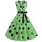 Polka Dot Summer Ladies Dress Vintage Retro With Sleeveless V-Neck  Robe Casual MartLion Green L 
