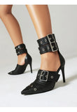 Women's Denim Leather Buckle Single Shoes Slim High Heels Pointed Sandals MartLion   