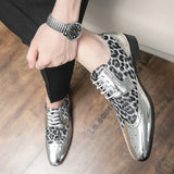 Luxury Brand Loafers Men's Lace-up Leopard Print Casual Shoes Party Leather Gold Silver Pointed Toe Designer MartLion   