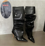 Runway Boots for Women Slim High Heels Pleated Metal Buckle Long Four Season MartLion PU black Plush 45 