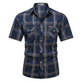 Men Lapel Shirt Plaid Printing Shirts Summer Short-sleeve Shirts n Tops Casual Streetwear Male Work Shirts MartLion XXL Dark Blue 