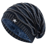 Unisex Slouchy Winter Hats Add Fur Lined Men's And Women Warm Beanie Cap Casual Five-pointed Star Decor Winter Knitted Hats MartLion Navy Blue 55cm-60cm 