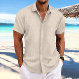 Cross-border men's linen striped jacquard casual loose short-sleeved shirt MartLion khaki XXL 