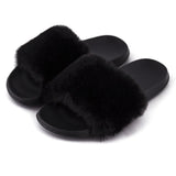 Summer indoor shoes ladies flat solid color open toe flip flops fake fur fox fur slippers MartLion Black 36-37 