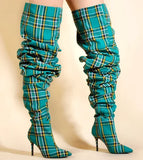 Color Blocking Plaid Pleated Sleeve Long Boots for Women with Slim High Heels and Seasonal MartLion 831-green 43 