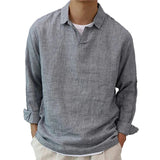 Men's Autumn Linen Neck Long Sleeve Lapel Street Wear T Shirt Solid Color Casual Shirt Blouse Tops Men‘s Vintage Vacation Blouse MartLion   