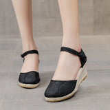 Patchwork Women Linen Cotton 6cm High Wedge Espadrilles Sandals Summer Elegant Ladies Ankle Strap Closed Toe Hemp Shoes MartLion Black 9 