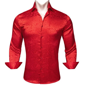 Silk Shirts Men's Red Burgundy Paisley Flower Long Sleeve Slim Fit Blouse Casual Lapel Clothes Tops Streetwear Barry Wang MartLion   