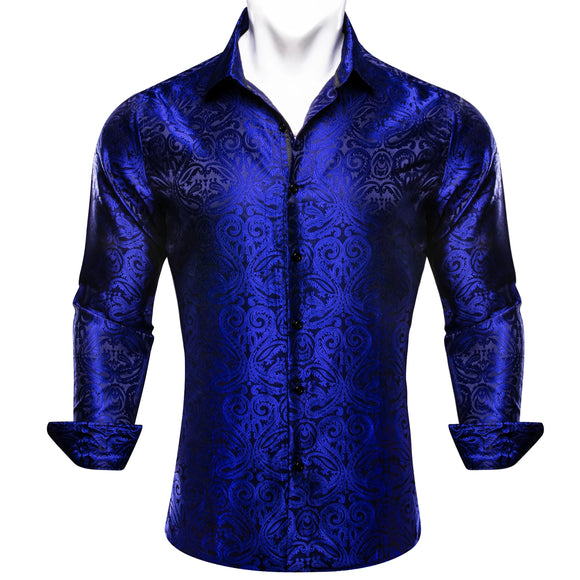  Luxury Shrits Men's Sky Roal Blue Navy Embroidered Paisley Long Sleeve Casual Slim Fit Blouses Lapel Barry Wang MartLion - Mart Lion