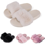 Summer indoor shoes ladies flat solid color open toe flip flops fake fur fox fur slippers MartLion   