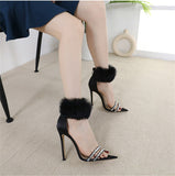 Liyke Black Fluffy Feather Sandals Women Crystal Pointed Open Toe Banquet High Heels Shoes Mart Lion   