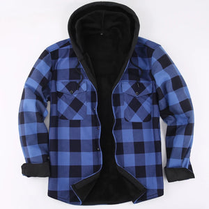 Mens Green Hooded Plaid Winter Shirt Jacket Casual Fleece Lined Warm Shirt Long Sleeve MartLion Blue US Size XXL 