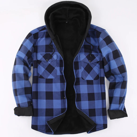 Mens Green Hooded Plaid Winter Shirt Jacket Casual Fleece Lined Warm Shirt Long Sleeve MartLion Blue US Size XXL 