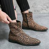 Men's Ankle Boots Suede Leather Leopard Pointed Toe Dress Shoes Zip Motorcycle Casual Party Footwear Mart Lion   