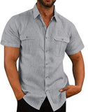 Summer Men's Short Sleeve Shirt Linen Solid Color T shirt  Cardigan Often Double Pocket Design Casual Loose Mart Lion GRAY M China