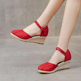 Patchwork Women Linen Cotton 6cm High Wedge Espadrilles Sandals Summer Elegant Ladies Ankle Strap Closed Toe Hemp Shoes MartLion   