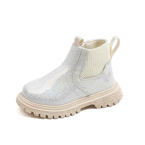 Children Mirror Leather Boots Girls Knit Short Boots Little Princess Side Zip Leather Boots MartLion