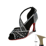 Mesh Breathable Latin Dance Shoes Women's High Heel Diamond Summer Sandals Indoor Soft Bottom Jazz Tango MartLion Black heel 7cm 44 
