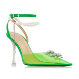 Soft PVC Women Sandals Luxury Rhinestones Peals Chains High heels Gladiator Summer Wedding Shoes MartLion Green 42 