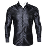 Barry Wang Luxury Black Paisley Silk Shirts Men's Long Sleeve Casual Flower Silver Shirts Designer Fit Dress MartLion CY-0054 S 