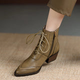 Winter Pointed Toe Women Boots Chunky Heel Shoes Short Retro Western Genuine Leather MartLion   