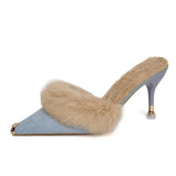 Fur Slippers Mules Pointed Toe Elegant High Heels Shoes Women's Autumn Furry Slides Flip Flops Office Work Luxury MartLion blue 8cm heels 39 