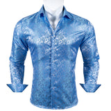 Luxury Blue Shirts Men's Solid Satin Embroidered Paisley Flower Long Sleeve Slim Fit Blouses Casual Lapel Tops Barry Wang MartLion   