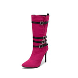 Liyke Design Many Buckle Women Autumn Winter Warm Short Plush Mid-Calf Boots Pointed Toe High Heels Shoes Female MartLion   