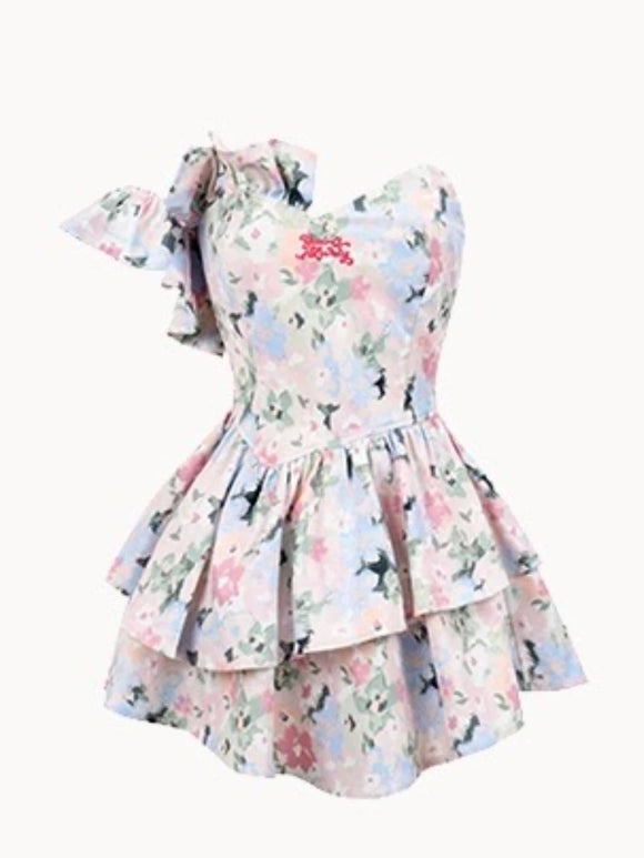 French Design Floral Strapless Dress Women Summer Holiday Casual Dress Female frock MartLion dress L 