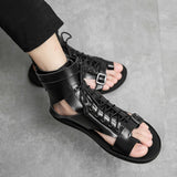 Gladiator Platform Summer Sandals Shoes for Men's Black Casual Beach Leather Flip Flops Ankle MartLion   