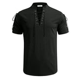 Summer Men's V-neck shirt Short-Sleeved T-shirt Cotton and Linen Led Casual Breathable tops Mart Lion black S 