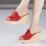 Non Slip Floral Cutout High Heels Wedding Shoes Women Wedges Slippers Summer Beach Slides Thick Sole MartLion Red 4 