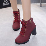Spring Winter Women Pumps Boots Lace-up European Ladies Shoes PU High Heels MartLion Wine red 35 