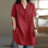 Women Solid Color Longer Shirt Summer V Neck Pullover Button  Blouse Female MartLion   