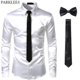 Black Men's Silk Dress Shirts 3Pcs(Shirt +Tie+Bowtie) Smooth Satin Slim Fit Party Prom Casual Social Camisa Mart Lion   