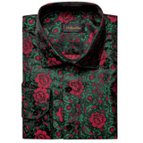 Luxury Red Rose Floral Green Silk Men's Shirt Long Sleeve Designer Clothing Social Casual Tuxedo Dress MartLion   