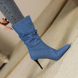 Pointed Toe Thin Heel Denim Boots with Mid Sleeve Fold 7.5cm High Women's Shoes Jean for Women MartLion   