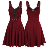 Women Plus Size Cool Solid Hem Sleeveless Camisole Mini Dress Gothic punk style sleeveless strap dress MartLion Red XL 