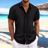 Cross-border men's linen striped jacquard casual loose short-sleeved shirt MartLion black XXL 