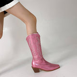 Women Boots Low Heel Shoes Cool British Embroidered Design Soft Short Party Knee High Pink Cowboy Mart Lion   