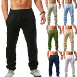 Pants Men Cotton Linen Trousers Casual Solid Elastic Waist Straight Loose Sports Running MartLion   