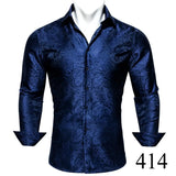 Designer Blue Silk Paisley Shirts Men's Lapel Woven Long Sleeve Embroidered Four Seasons Exquisite Fit Party Wedding MartLion   