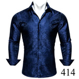 Barry Wang Exquisite Blue Silk Paisley Men's Shirt Four Seasons Lapel Long Sleeve Embroidered Leisure Fit Party Wedding MartLion   
