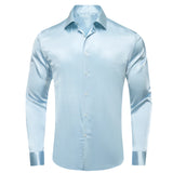 Hi-Tie Navy Royal Sky Blue Silk Men's Shirts Lapel Collar Long Sleeve Dress Shirt Jacquard Blouse Wedding MartLion SCY-1636 S 
