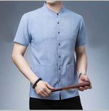 Men's Short-sleeved Seasonal Shirt with Stand Collar Linen Casual Daily Large Pocket Stand Collar Half Sleeve Shirt MartLion   