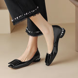 Spring Women Pumps Genuine Leather Shoes Square Toe Chunky Heel Shallow Square button Single MartLion   