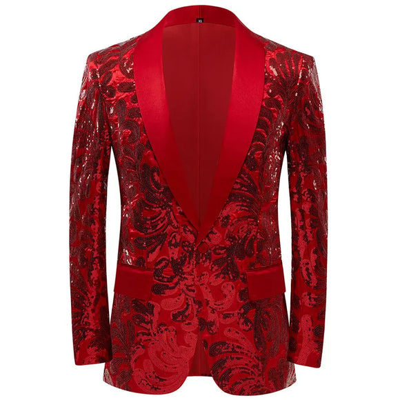 Men's Shiny Red Sequins Floral Suit Jacket One Button Shawl Lapel Tuxedo Party Wedding Banquet Prom Homme blazers MartLion   