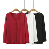 Basic Cotton Both Sides Split T-Shirt Women's Autumn Winter Casual Clothing Long Sleeve Tees Single Pocket V-Neck Tops MartLion   